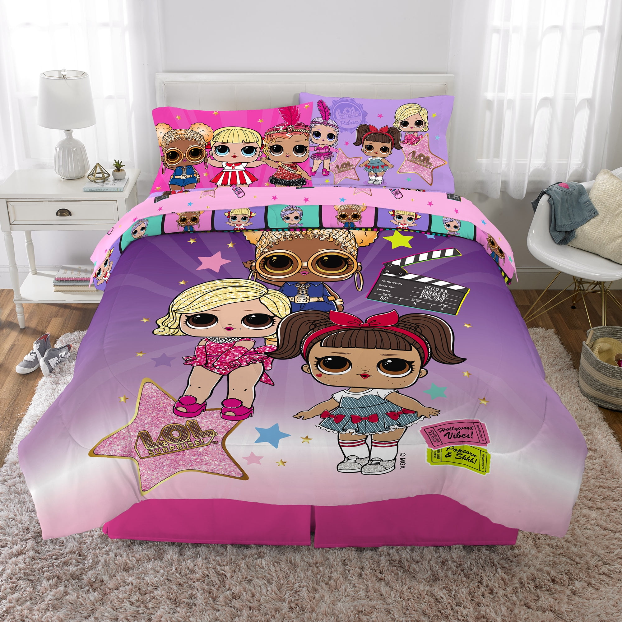 LOL Surprise Kids Full Bed in a Bag Comforter and Sheets Purple