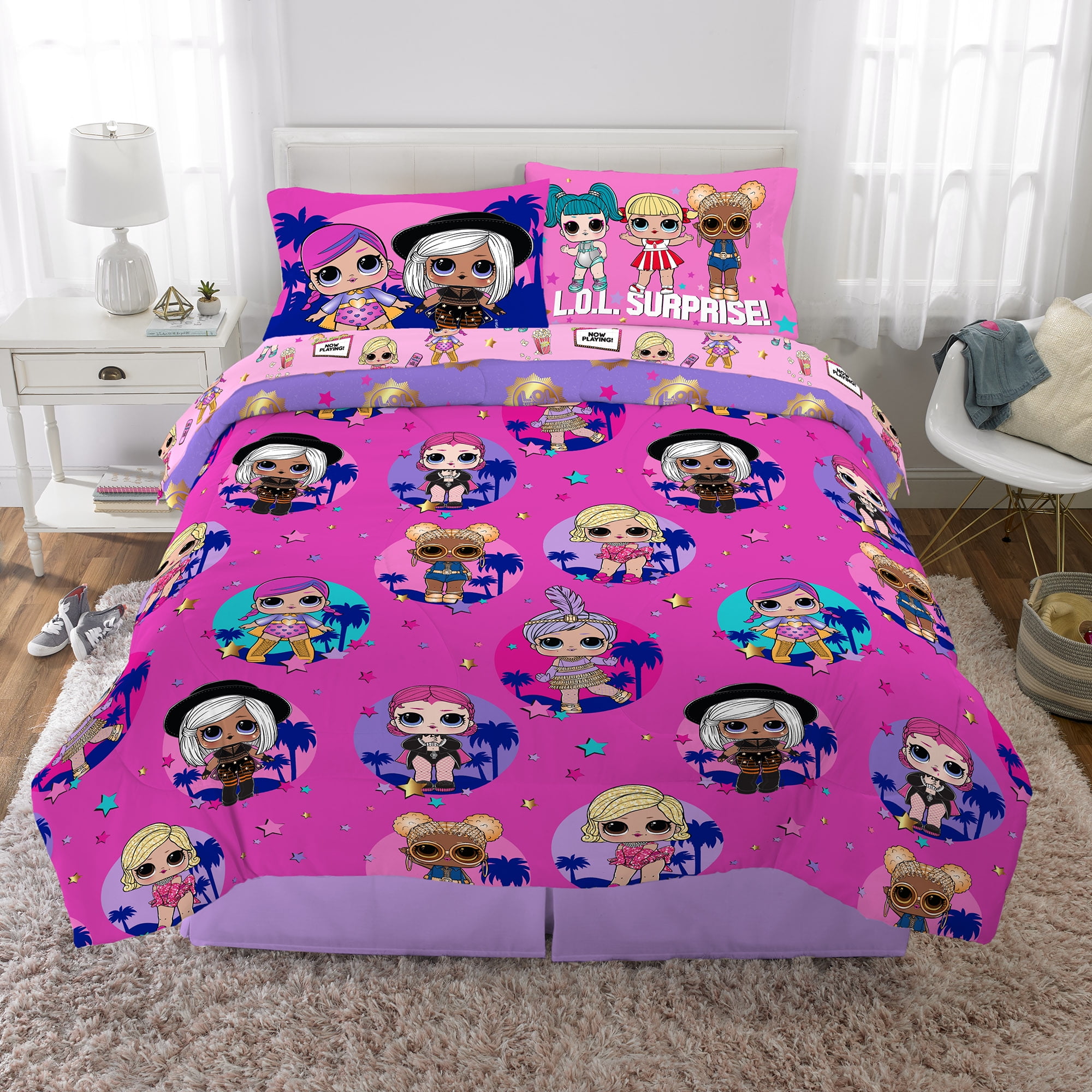 LOL Surprise! Kids Queen Bed in a Bag, Comforter Sheet Set and Bonus Tote, Pink and Purple, MGA
