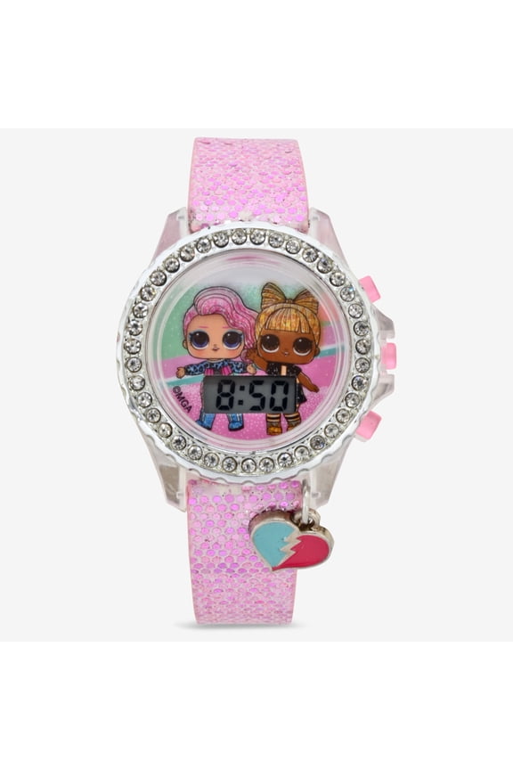 LOL Surprise LCD Kids Watch w Hanging Charm in Pink Glitter Strap Model# LOL4625WM
