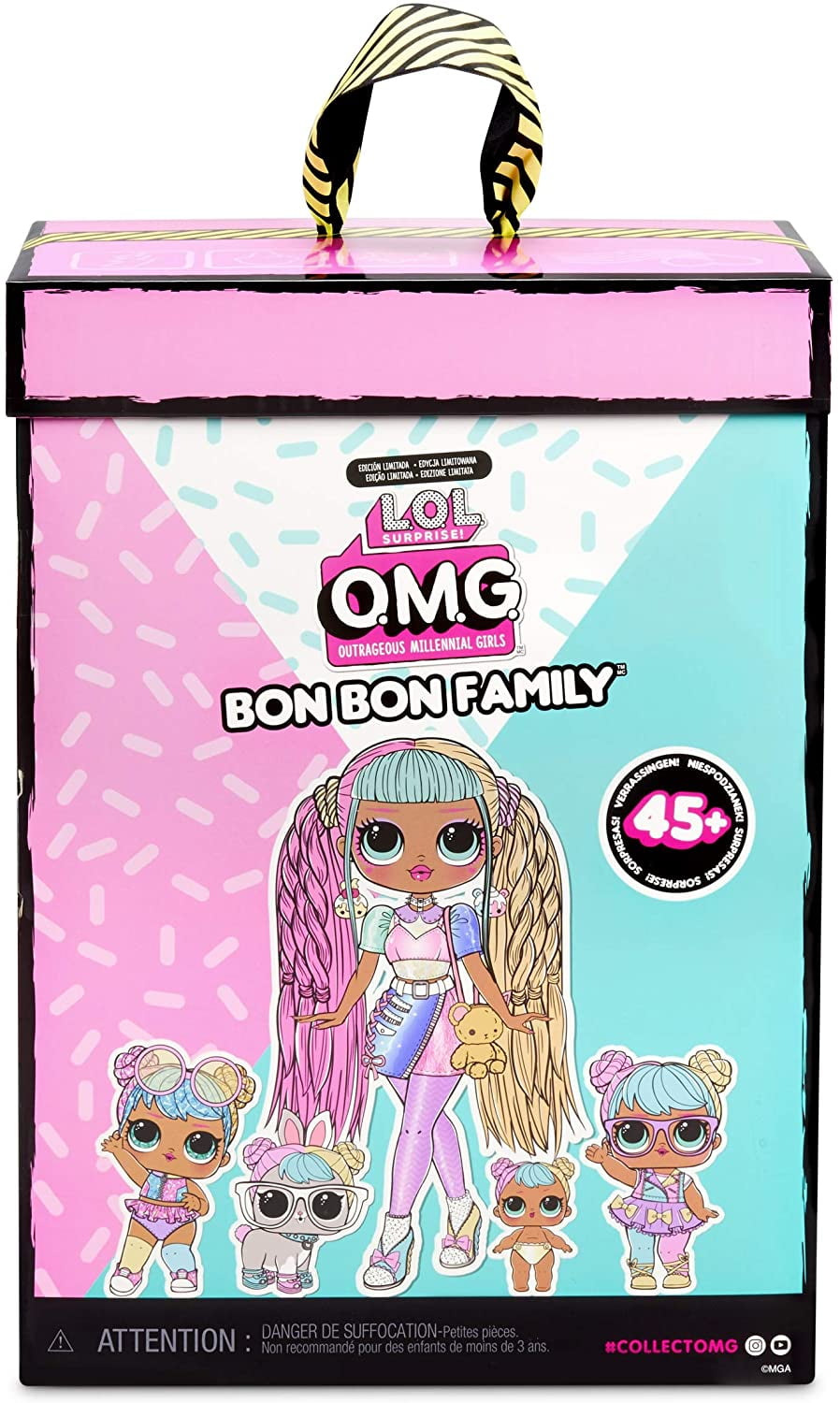 LOL Surprise OMG Bon Bon Family with 45+ Surprises Including Candylicious OMG Doll, Bon Bon, Bling Bon Bon, Lil Bon Bon, Hop Hop, Accessories, and Foldable Playset