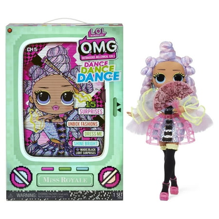 LOL Surprise OMG Dance Dance Dance Miss Royale Fashion Doll With 15 Surprises Including Magic Blacklight, Shoes, Hair Brush, Doll Stand and TV Package - For Girls Ages 4+