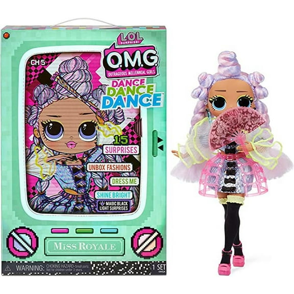 LOL Surprise OMG Dance Dance Dance Miss Royale Fashion Doll with 15 Surprises Including Magic Blacklight, Shoes, Hair Brush, Doll Stand and TV Package