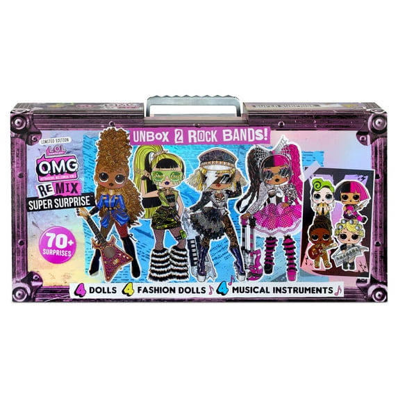 LOL Surprise OMG Remix Super Surprise With 70+ Surprises Including 4 Fashion Dolls And 4 Dolls (Sisters), Rock Instruments That Really Play Music, Boom Box Packaging, Rock Band Accessories Ages 4+