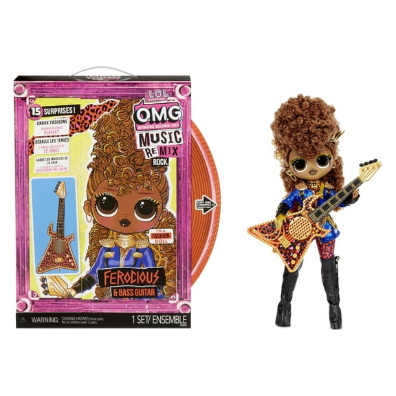 LOL Surprise Omg Remix Rock Ferocious Fashion Doll with 15 Surprises Including Bass Guitar, Outfit, Shoes, Hair Brush, Doll Stand, Lyric Magazine, And Record Player Package - for Girls Ages 4+