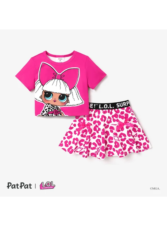 LOL Surprise Toddler Girl Skirt, Short Sleeves Girl Skirt Oufits with Pink Leopard Print Short Skirt for Summer, Sizes 5-6T