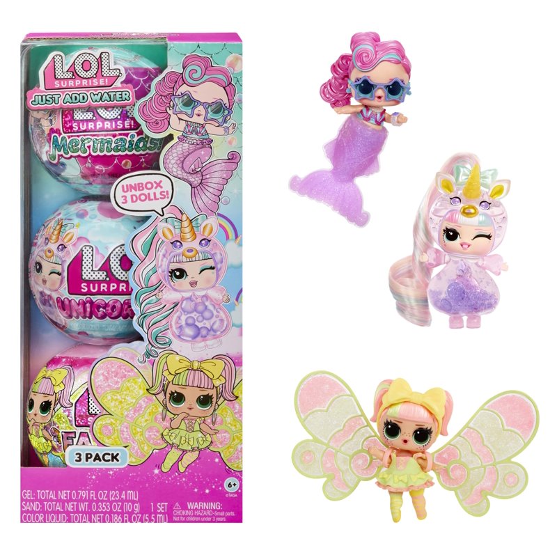 LOL Surprise Tots Just Add Water 3-Pack with 3 Make-Your-Own Fantasy Dolls and 25+ Surprises to Unbox Including Mermaid, Fairy, and Unicorn Dolls and Magical Crafts Great Gift for Kids Ages 4+