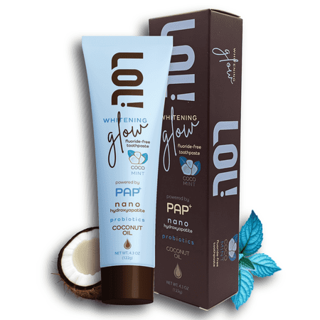 LOL Whitening Glow Fluoride-Free Toothpaste, Coconut Mint Flavor, with PAP+ Whitening Technology, Nano-Hydroxyapatite and Probiotics, 4.3 oz