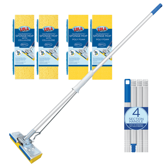 LOLA Squeezematic Butterfly Automatic Sponge Mop, 4 Mop Heads - 2 Foam w/ Cellulose Layer & 2 All Foam, 9" Head w/ Scuff Remover