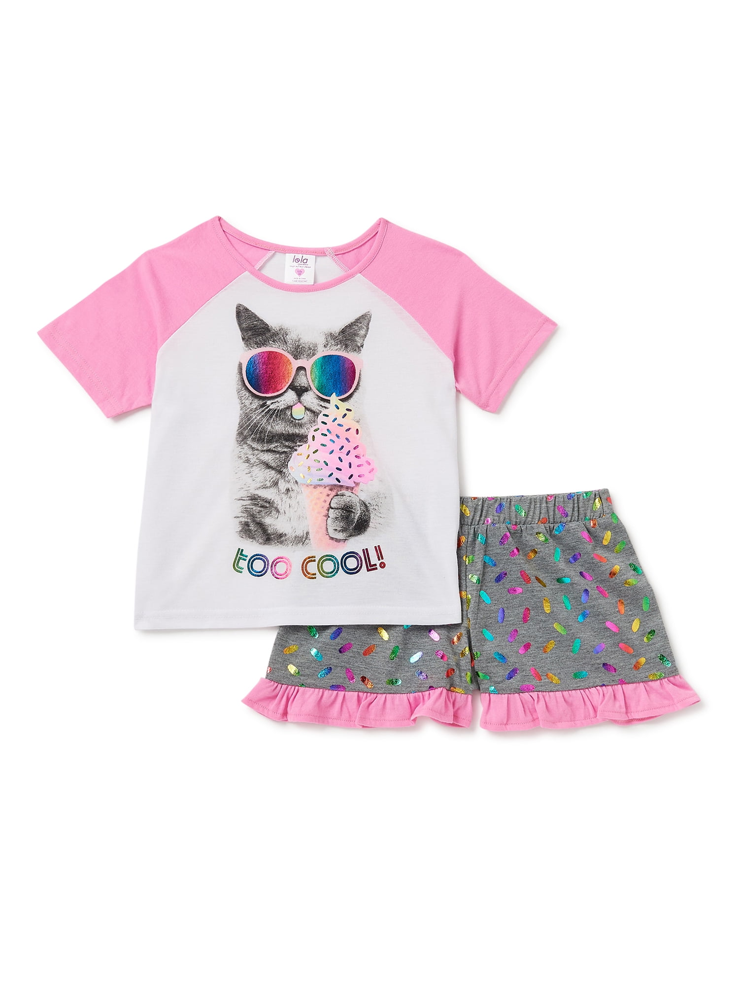 LOLA Girls Short Sleeve Sleep Shirt and Shorts, 2Piece Pajama Set