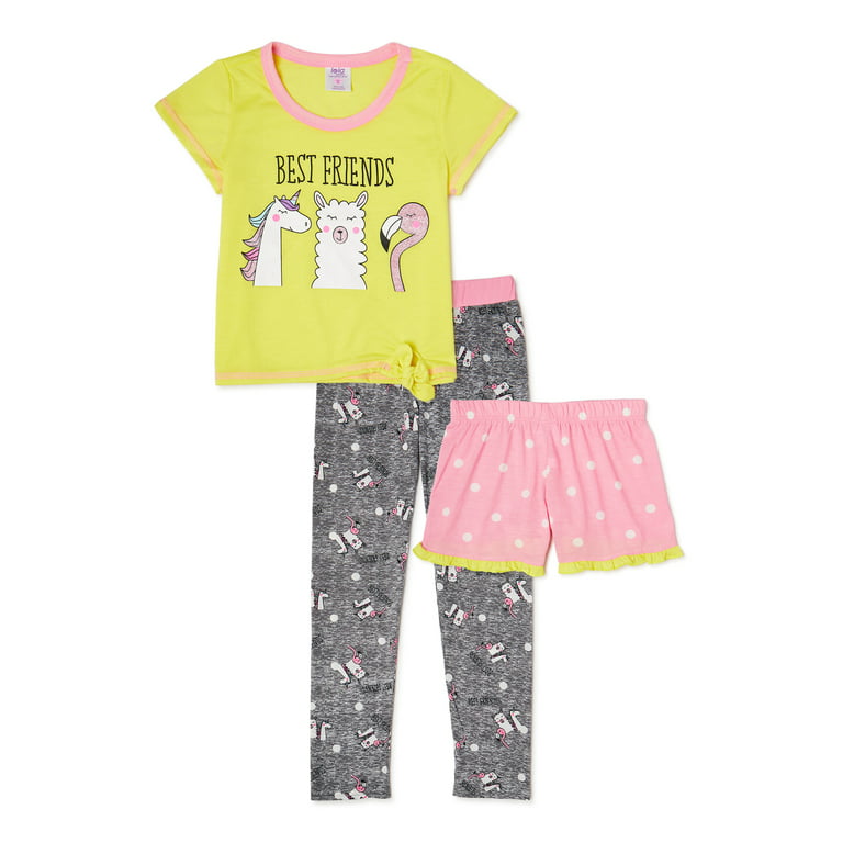 LOLA Girls Short Sleeve Top, Pants and Shorts, 3-Piece Pajama Set, Sizes  4-16 