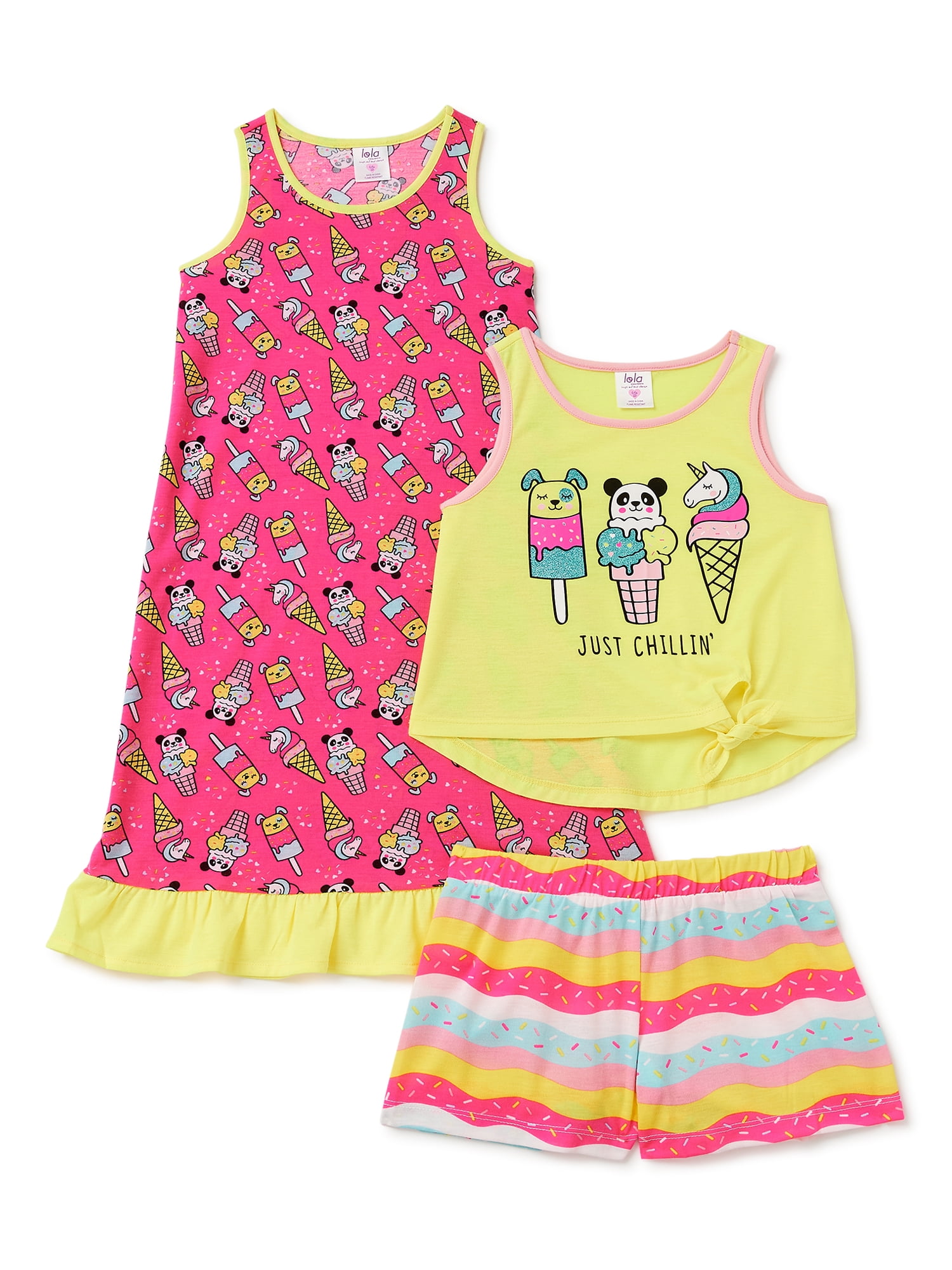 LOLA Girls Tank and Shorts with Nightgown, 3-Piece Pajama Set, Sizes 4 ...