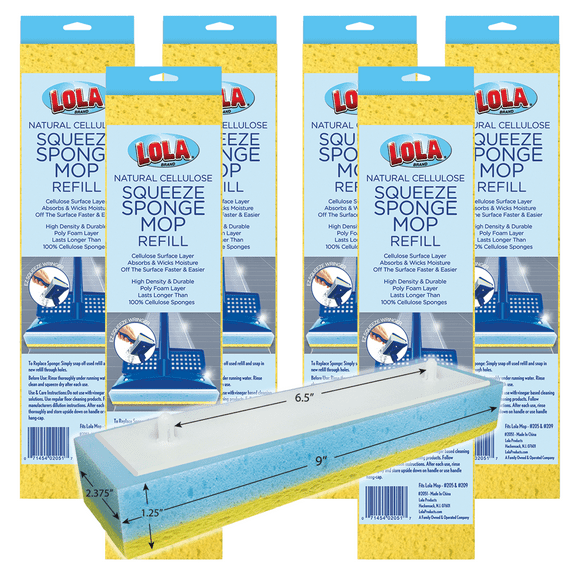 LOLA Natural Cellulose Squeeze Sponge Mop Refill, 9" Head, Super Absorbent - 6 pack