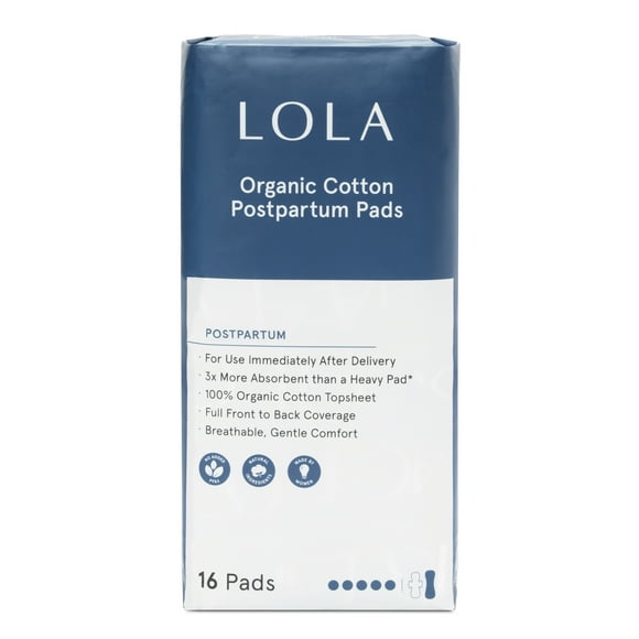 LOLA Organic Cotton Postpartum Pads - 16 Pads - Complete Coverage - 100% Organic Cotton Top Sheet