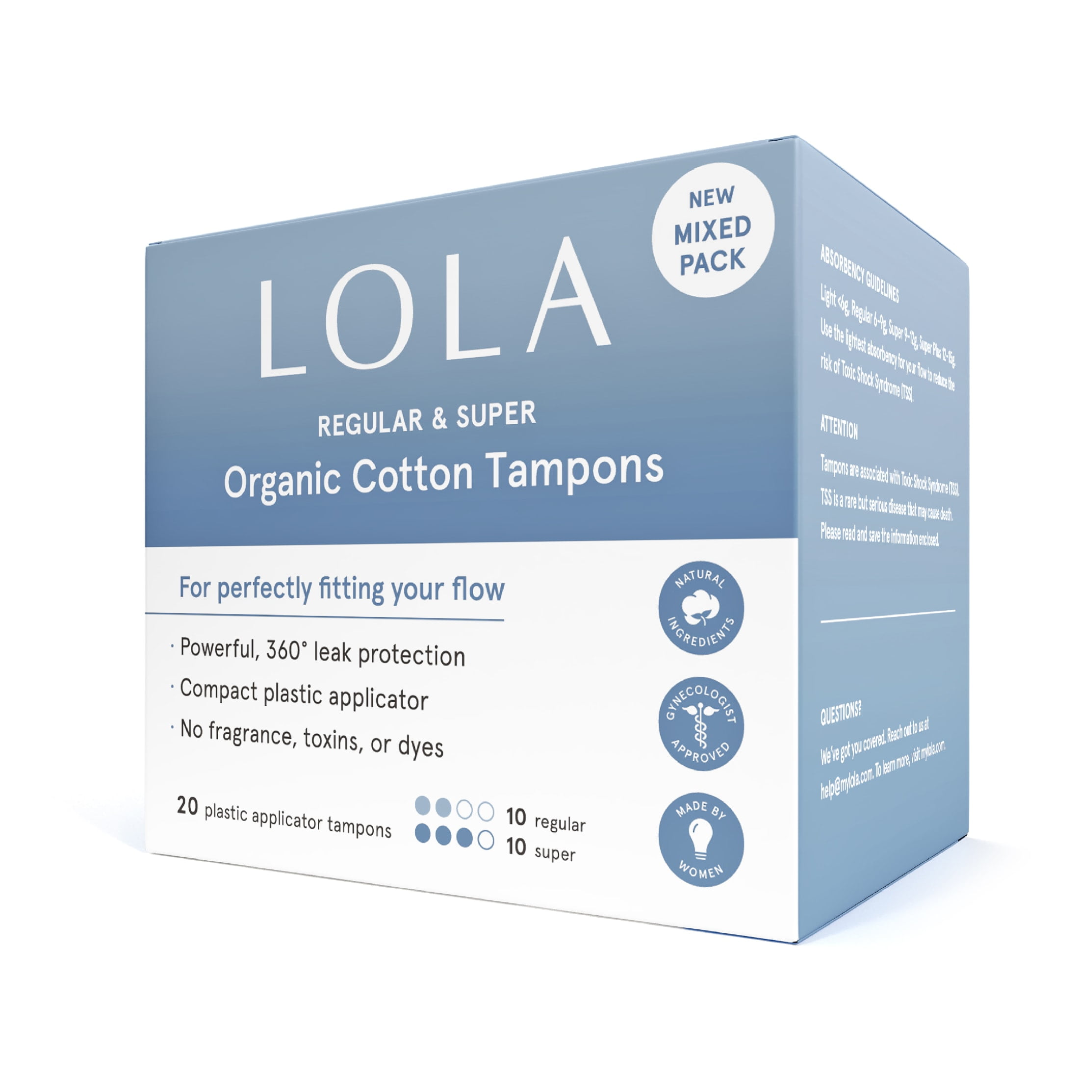 LOLA Organic Cotton Tampons, Assorted Regular + Super Absorbency