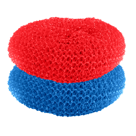 LOLA Plastic Mesh Scouring Pads - 2 Pack, 3.375" x 1.25", Non-Scratch Dish Scrubbers to Clean, Assorted & Random Colors, Red, Blue or Yellow