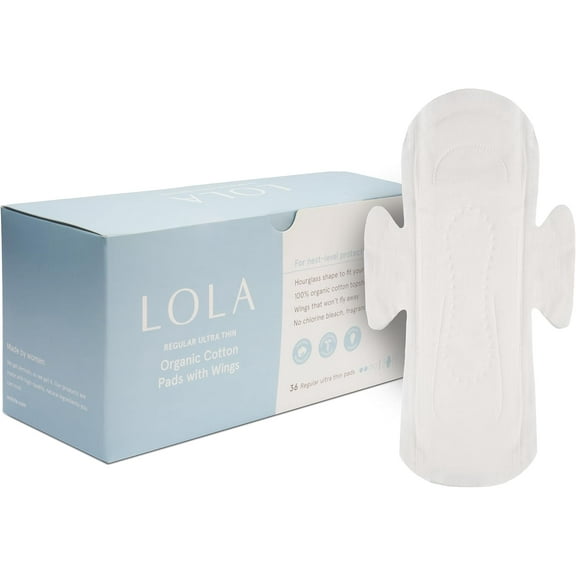 LOLA Regular Organic Cotton Pads, 36 Count - Ultra Thin Pad with Wings, HSA FSA Approved