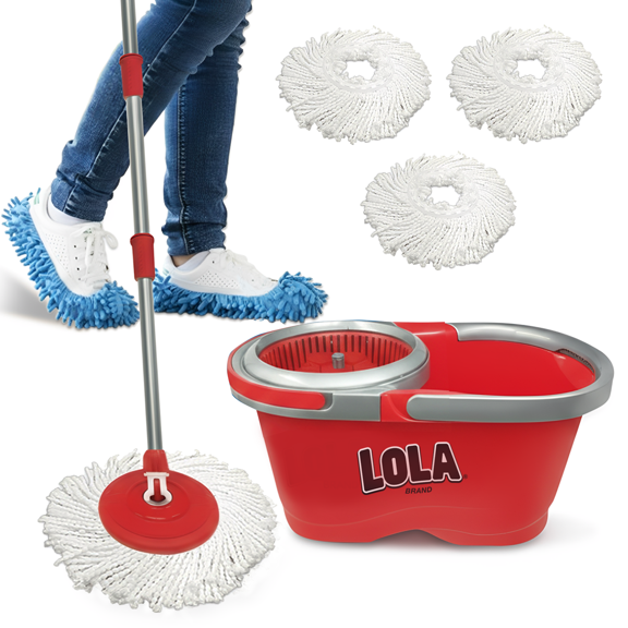 Revolution Deluxe Spin Mop & Bucket, w/ 3 Microfiber Washable Heads, 1 Pair Microfiber Mop Slippers, Fast Dry, Deep Clean Floors & Hands-Free Wringer, Easy Spin Dry, No Exhaustive Foot Pedal, LOLA
