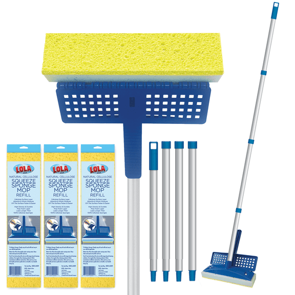 LOLA Squeeze Sponge Mop w/ Poly Foam & a Natural Cellulose Layer & 3 Replacement Heads / Refill Bundle, Absorbs & Wicks Moisture, Floor Cleaner, Refillable, Hard Surface Cleaner, Great for Kitchen