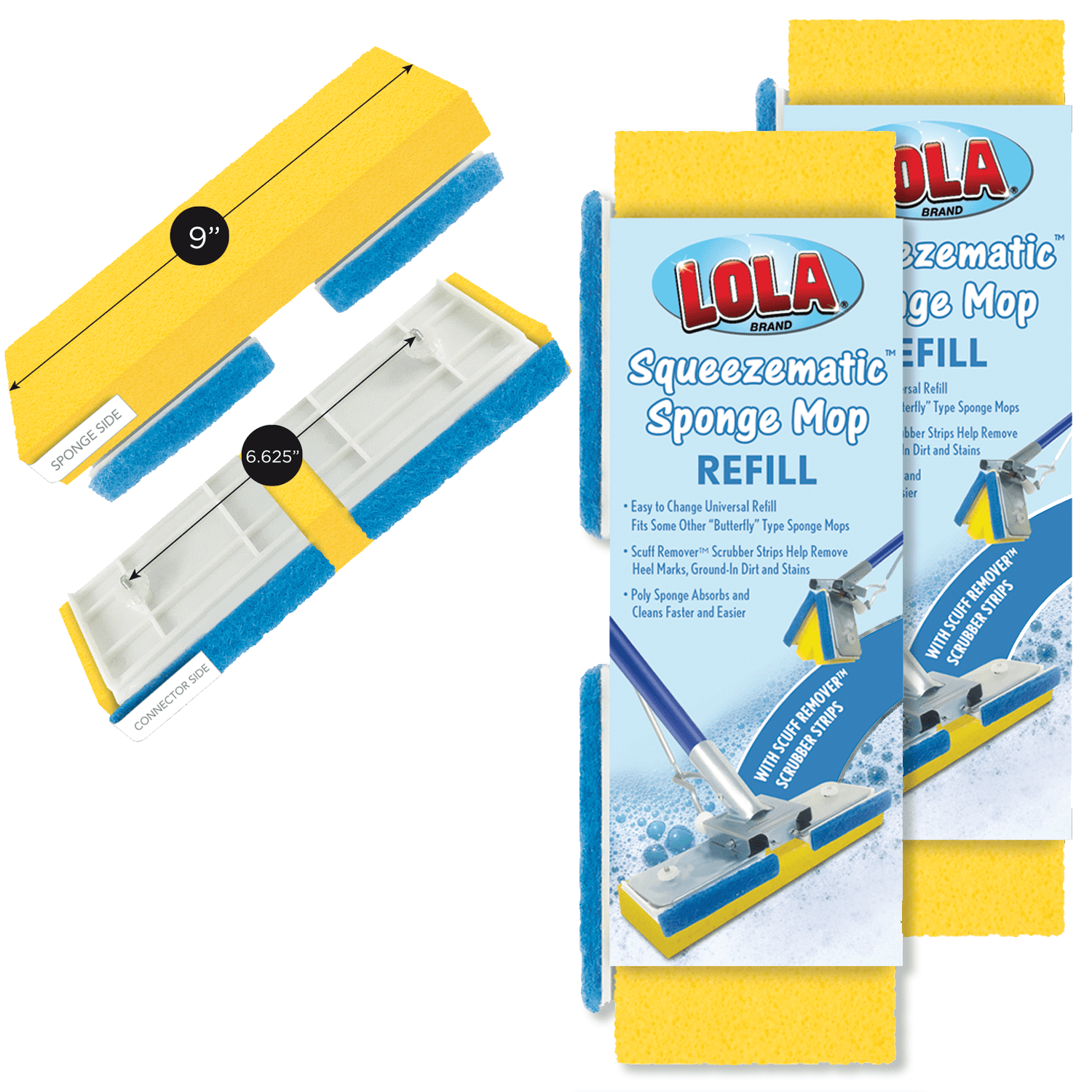 LOLA SqueezeMatic Butterfly Sponge Mop Refill, 9" Wide Super Absorbent