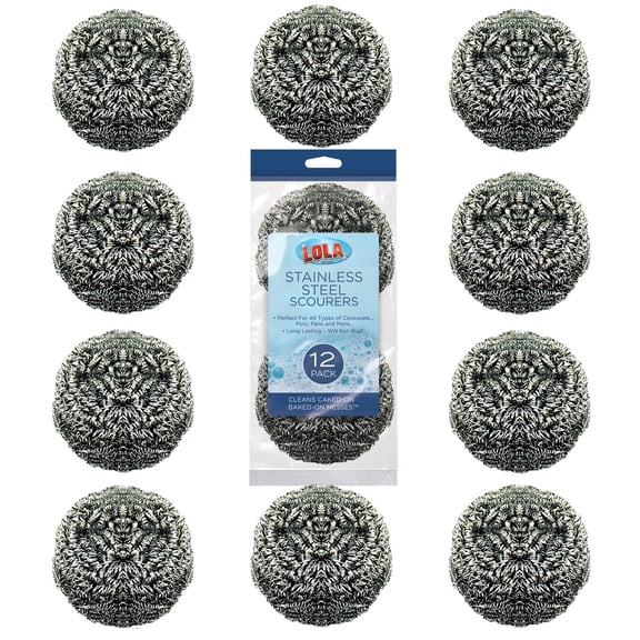 LOLA Stainless Steel Scourers, Heavy-Duty Flat Wire, Odor & Rust Proof - 12 Pack