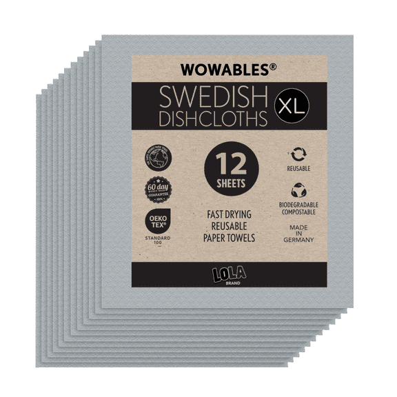 LOLA Wowables XL Swedish Dishcloths, 12 Reusable Eco Cleaning Cloths, 11" x 10", Ultra Absorbent Cellulose Sponge Towel, Compostable, Made in Germany