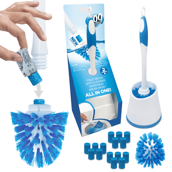 LOLA Toilet Brush & Wand w/ 15 Blue Soap Tablets, 2 Self-Dispensing Cleanser Refillable Brush Heads, 1 Caddy, No Liquid Cleaner Needed, APARTMENT KIT