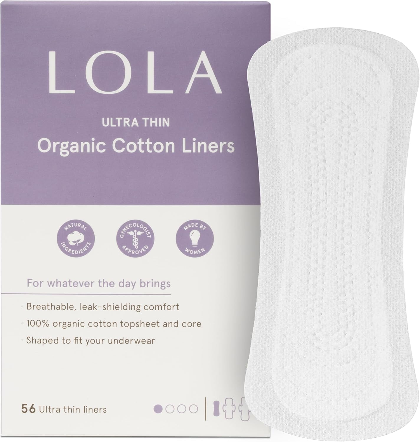 LOLA Ultra Thin Organic Cotton Panty Liners, 56ct, HSA FSA Approved