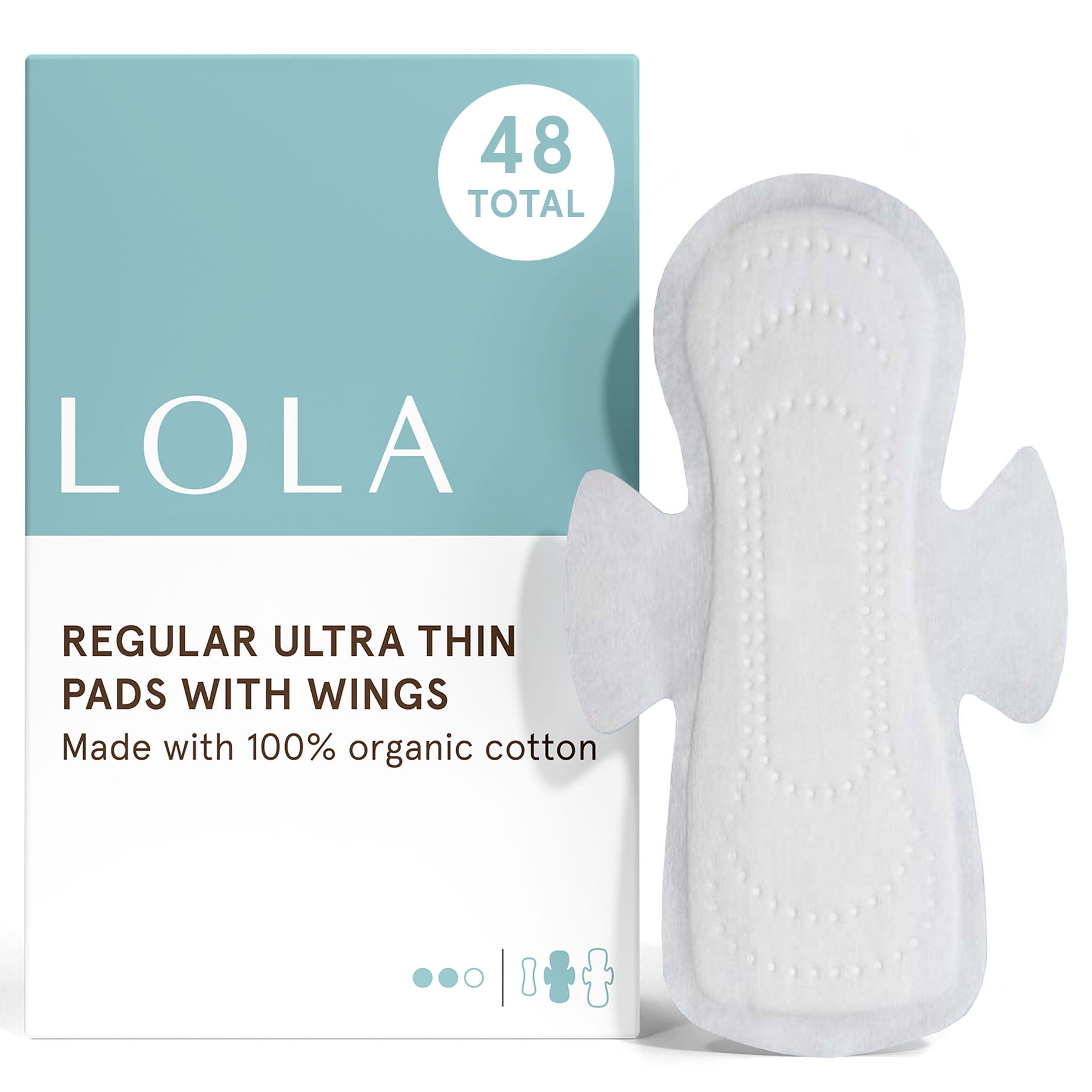 LOLA Ultra Thin Pads with Wings, Regular, Organic Cotton Topsheet and Core, 48 Count