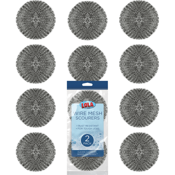 Steel Wool Wire Mesh Scouring Pad, 12 Pack, by LOLA, Galvanized Steel Knitted, Heavy Duty, Abrasive Scrubber, Powerful for Pots, Pans, Ovens, Grills