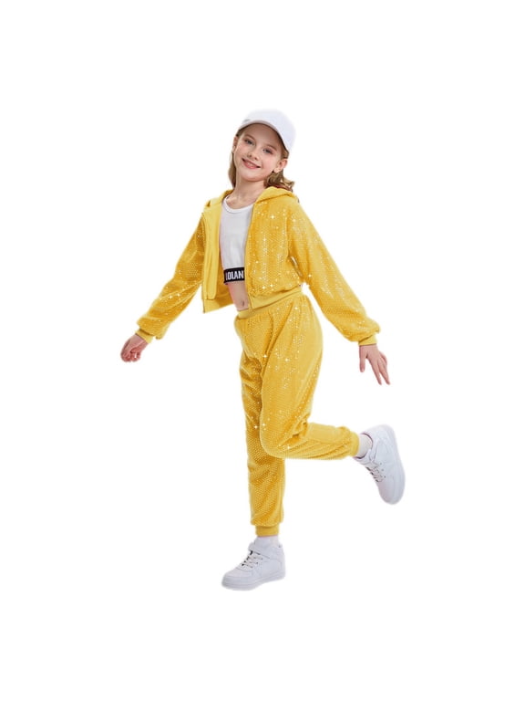 2Pcs Girls Dance Outfits Cropped Sequin Jacket Pants Set Kids Hip Hop Dance Clothing for 90s Theme Party 4-12 Years