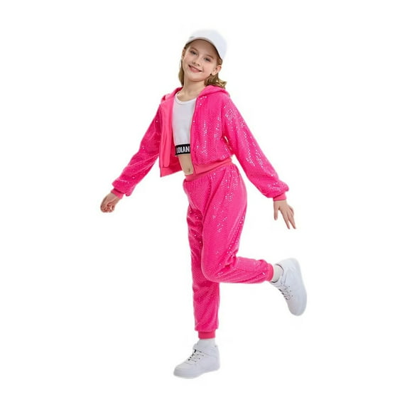 LOLANTA 2Pcs Girls Dance Outfits Cropped Sequin Jacket Pants Set Kids Hip Hop Dance Clothing for 90s Theme Party 4-12 Years