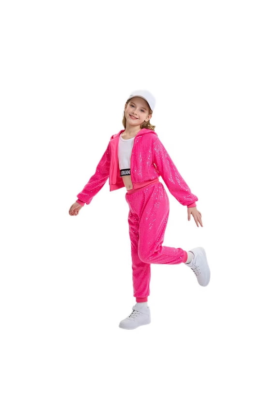 2Pcs Girls Dance Outfits Cropped Sequin Jacket Pants Set Kids Hip Hop Dance Clothing for 90s Theme Party 4-12 Years