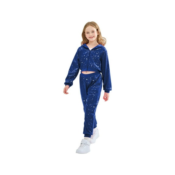 LOLANTA 2Pcs Girls Dance Outfits Cropped Sequin Jacket Pants Set Kids Hip Hop Dance Clothing for 90s Theme Party 4-12 Years