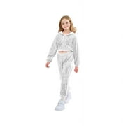 LOLANTA 2Pcs Girls Dance Outfits Cropped Sequin Jacket Pants Set Kids Hip Hop Dance Clothing for 90s Theme Party 4-12 Years