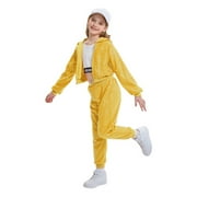 LOLANTA 2Pcs Girls Dance Outfits Cropped Sequin Jacket Pants Set Kids Hip Hop Dance Clothing for 90s Theme Party 4-12 Years