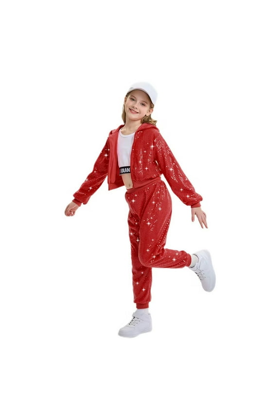 2Pcs Girls Dance Outfits Cropped Sequin Jacket Pants Set Kids Hip Hop Dance Clothing for 90s Theme Party 4-12 Years