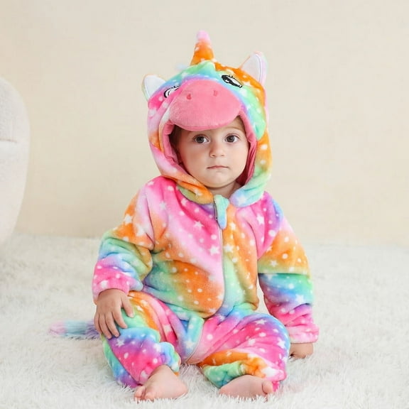 LOLANTA Baby Toddler Girls Unicorn One-piece, Infant Fleece Hooded Rompers, Double Way Zipper Closure 6 Months-3T