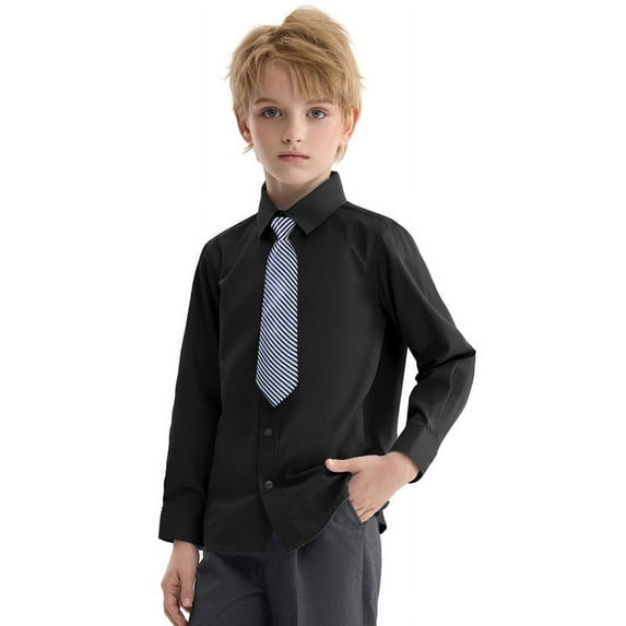 LOLANTA Boys Dress Shirts Button Down Shirt Long Sleeve Boys Kids Shirts and Tie Sets Solid Color Uniforms
