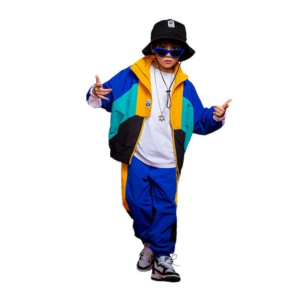 LOLANTA Boys' Girls' Color Block Jacket Track Pants Sets Hip Hop Dance Patchwork Clothes Unisex Streetwear