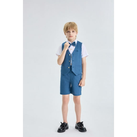LOLANTA Boys Linen Suit 4 Piece Summer Gentleman Outfit Kids Dress Vest Shirt Shorts Set for Beach Wedding Graduation