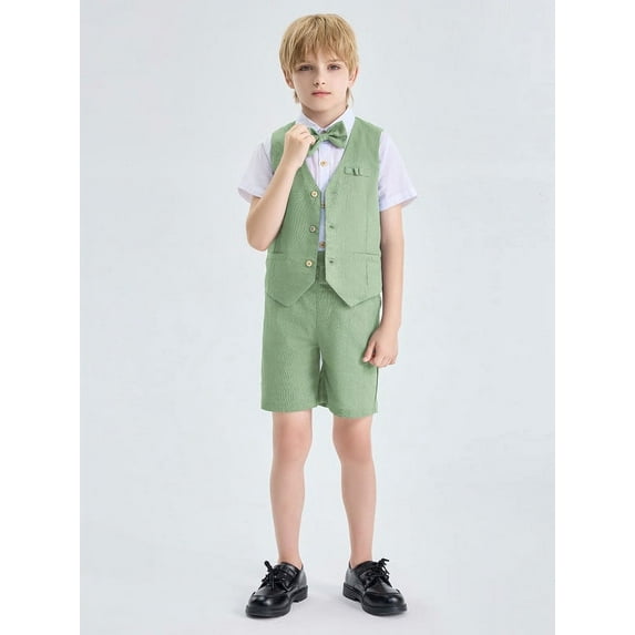 LOLANTA Boys Linen Suit 4 Piece Summer Gentleman Outfit Kids Dress Vest Shirt Shorts Set for Beach Wedding Graduation