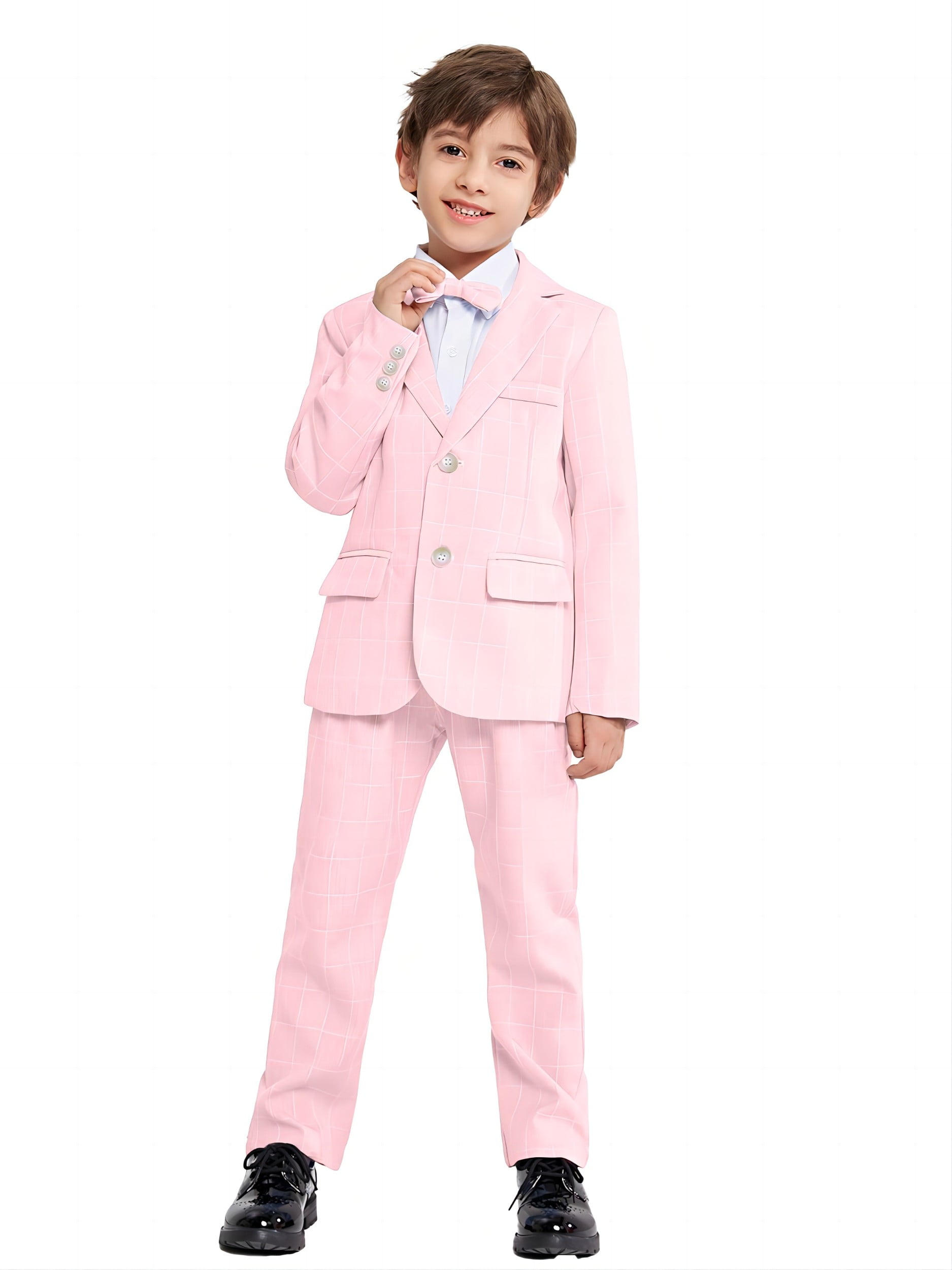 LOLANTA Boys Suit Wedding Ring Bearer Outfit Kids Suit Set, Plaid, Striped Blazer Suit Pants Bow