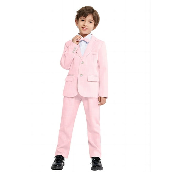 LOLANTA Boys Suit Wedding Ring Bearer Outfit Kids Suit Set, Plaid, Striped Blazer Suit Pants Bow Tie