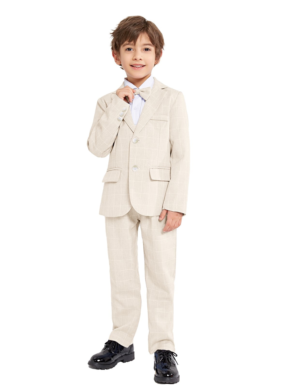 LOLANTA Boys Suit Wedding Ring Bearer Outfit Kids Suit Set, Plaid, Striped Blazer Suit Pants Bow