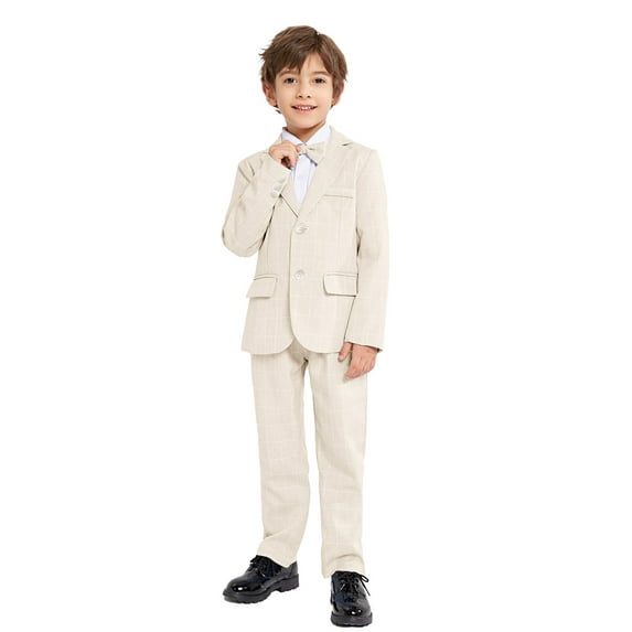 LOLANTA Boys Suit Wedding Ring Bearer Outfit Kids Suit Set, Plaid, Striped Blazer Suit Pants Bow Tie