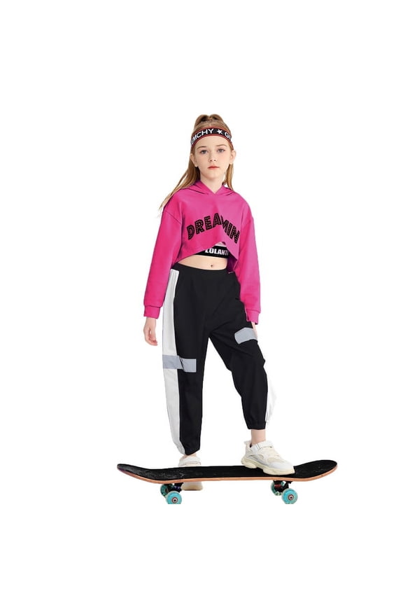 Girls 3 Piece Outfits Cropped Hoodie Tank Top Jogger Pants Set Hip Hop Jazz Street Dance Skateboarding Clothes