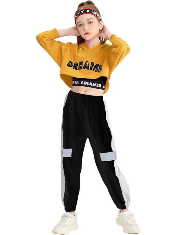 Girls 3 Piece Outfits Cropped Hoodie Tank Top Jogger Pants Set Hip Hop Jazz Street Dance Skateboarding Clothes