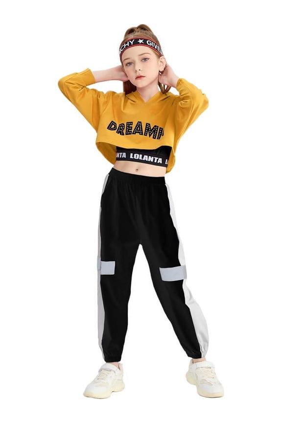 Girls 3 Piece Outfits Cropped Hoodie Tank Top Jogger Pants Set Hip Hop Jazz Street Dance Skateboarding Clothes