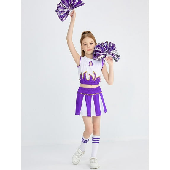 LOLANTA Girls Cheerleader Costume Pleated Skirt 4PCs Set Cheerleader Outfit with Pom Pom