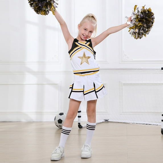 LOLANTA Girls Cheerleading Outfit Cheer Costume For Girls Sleeveless Crop Top&Skirt&Socks&Pom Poms